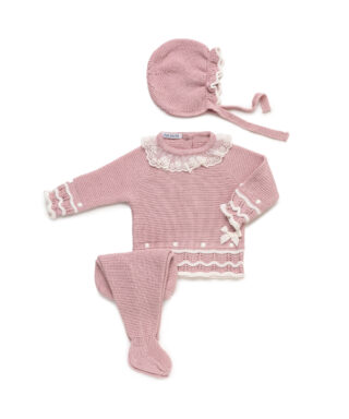 Conjunto de punto 3 piezas con puntilla VERDE AGUA Y CRUDO