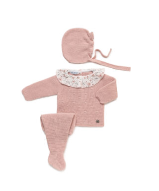 Conjunto de punto 3 piezas con bodoques y flores ROSA EMPOLVADO