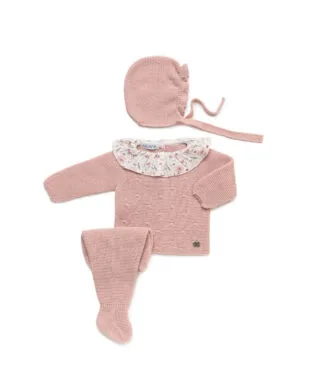 Conjunto de punto 3 piezas con bodoques y flores ROSA EMPOLVADO