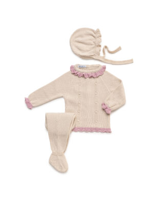 Conjunto de punto 3 piezas con bodoques CREMA Y ROSA MAQUILLAJE