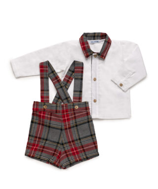 Conjunto de peto de cuadros con camisa GRIS Y GRANATE