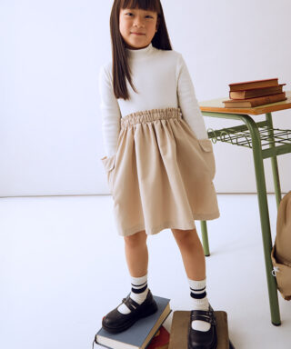 Vestido combinado de punto y tela CRUDO Y BEIGE