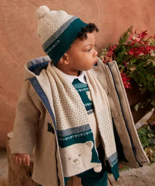 Conjunto de gorro y bufanda con osito VERDE Y BEIGE