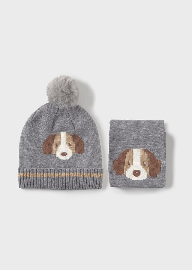 Conjunto de gorro y buganda con perrito GRIS 3 Conjunto de gorro y buganda con perrito GRIS