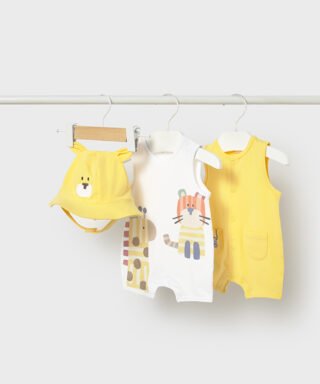 Set de 2 petos y gorro de animales AMARILLO Y BLANCO