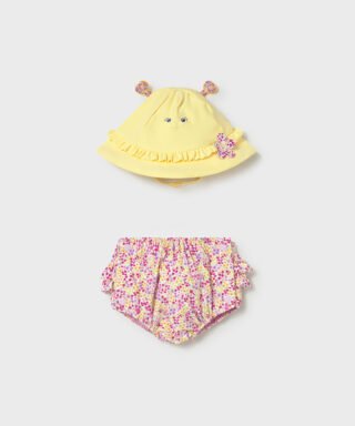 Conjunto 2 piezas de bañador y gorro AMARILLO Y ROSA