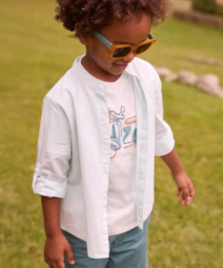 Camisa de rayas con cuello mao VERDE AGUA