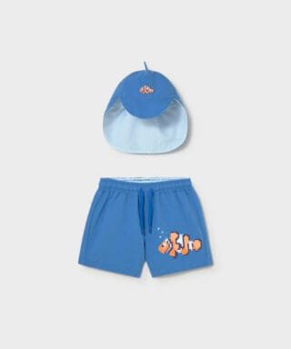 Conjunto de bañador y gorro con pez AZUL