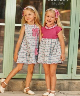 Vestido estampado de flores y curadros FUCSIA Y VERDE