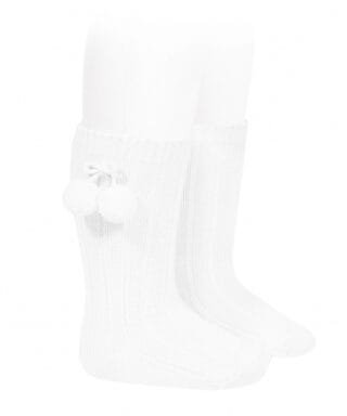 Calcetines altos canalé algodón cálido con borlas BLANCO