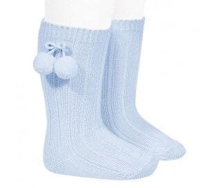 Calcetines altos canalé algodón cálido con borlas AZUL BEBÉ