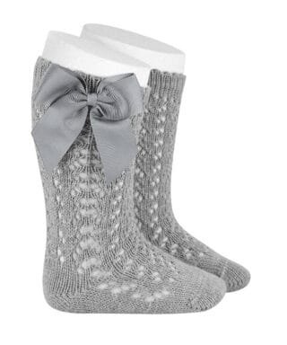 Calcetines altos perlé calados con lazo grogrén ALUMINIO