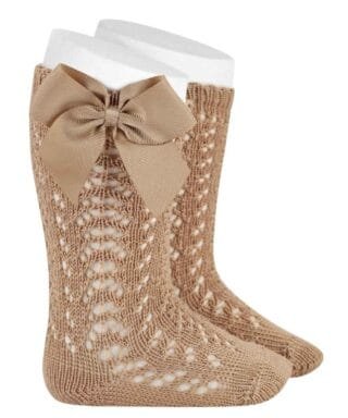 Calcetines altos perlé calados con lazo grogrén CAMEL