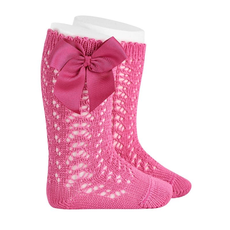 Calcetines altos perlé calados con lazo grogrén FUCSIA 3 Calcetines altos perlé calados con lazo grogrén FUCSIA